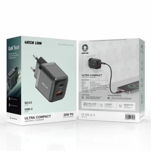 شارژر دیواری گرین لاین مدل Ultra Compact با فناوری GaN و پین اتحادیه اروپا (A+C 20W)