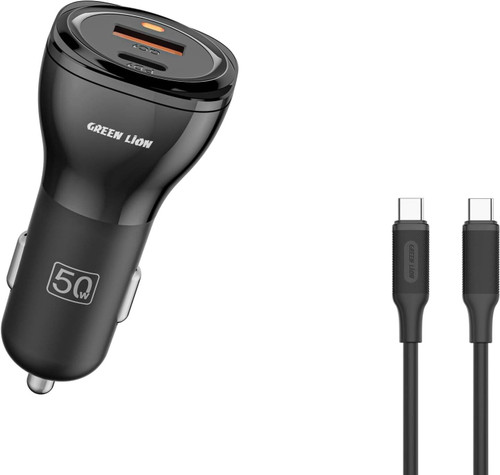 شارژر فندکی ماشین دو پورت 50W (PD 30W + QC 20W) با کابل USB-C به USB-C متری1 گرین لاین