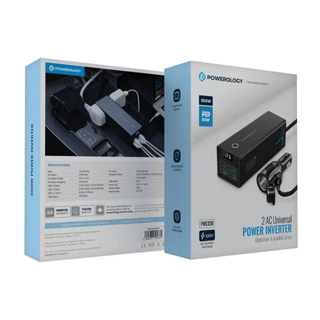 مبدل برق فندکی پاورولوژی مدل 2AC Universal  با توان ۳۰۰ وات