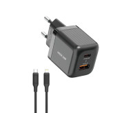 شارژر دیواری گرین لاین مدل Ultra Compact با فناوری GaN و پین اتحادیه اروپا (A+C 20W) + کابل Type-C به 1m Lightning