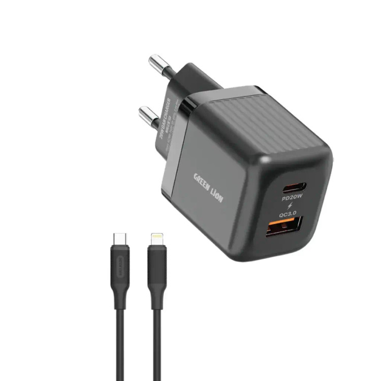 شارژر دیواری گرین لاین مدل Ultra Compact با فناوری GaN و پین اتحادیه اروپا (A+C 20W) + کابل Type-C به 1m Lightning