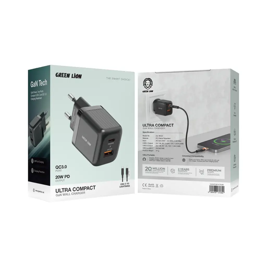 شارژر دیواری گرین لاین مدل Ultra Compact با فناوری GaN و پین اتحادیه اروپا (A+C 20W) + کابل Type-C به 1m  Lightning