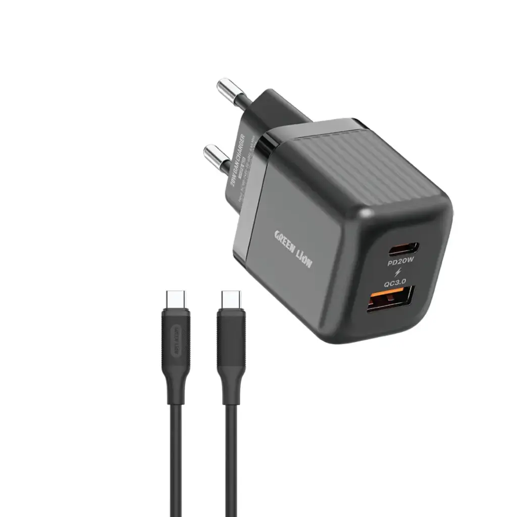 شارژر دیواری گرین لاین مدل Ultra Compact با فناوری GaN و پین اتحادیه اروپا (A+C 20W) + کابل Type-C به 1m Type-C