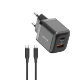 شارژر دیواری گرین لاین مدل Ultra Compact با فناوری GaN و پین اتحادیه اروپا (A+C 20W) + کابل Type-C به 1m Type-C