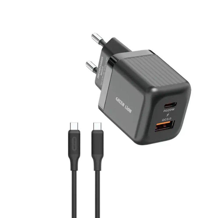 شارژر دیواری گرین لاین مدل Ultra Compact با فناوری GaN و پین اتحادیه اروپا (A+C 20W) + کابل Type-C به 1m Type-C