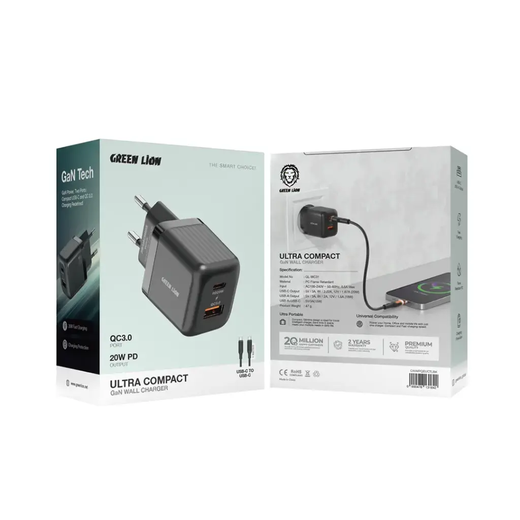 شارژر دیواری گرین لاین مدل Ultra Compact با فناوری GaN و پین اتحادیه اروپا (A+C 20W) + کابل Type-C به 1m Type-C